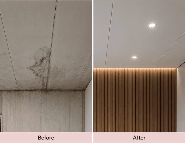 Ceiling renovation before and after comparison.