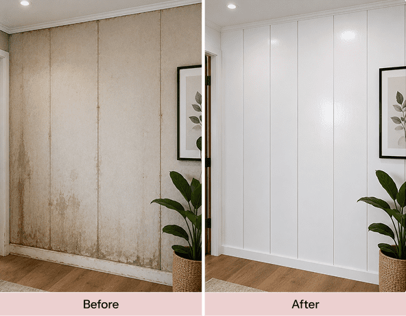 Wall renovation before and after comparison.