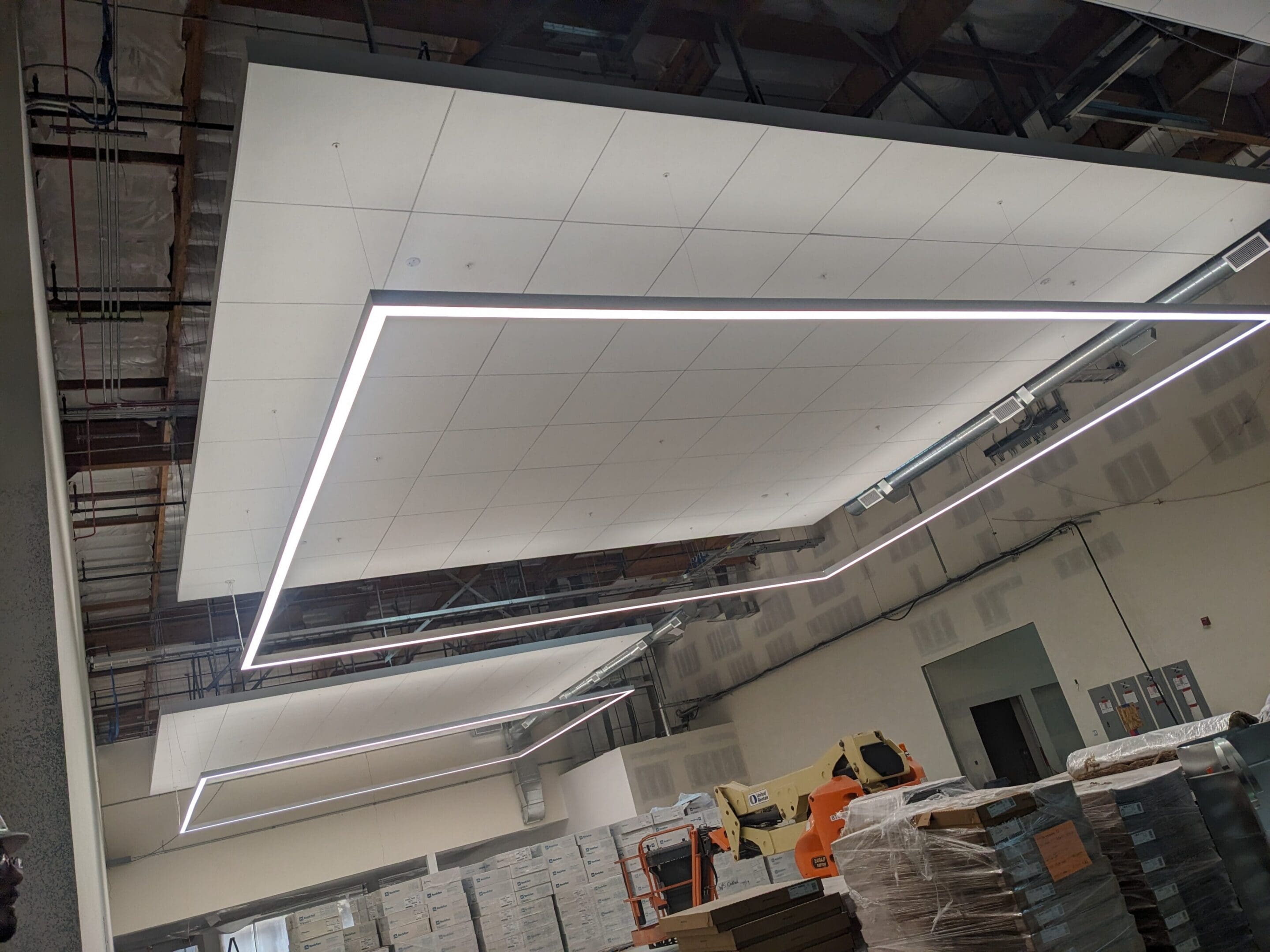 Construction site interior with rectangular LED lights