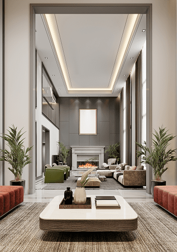 Modern living room with fireplace and sofas.