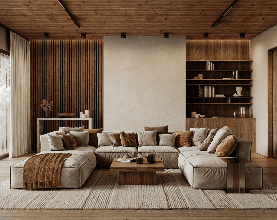 Modern living room with beige sectional sofa.